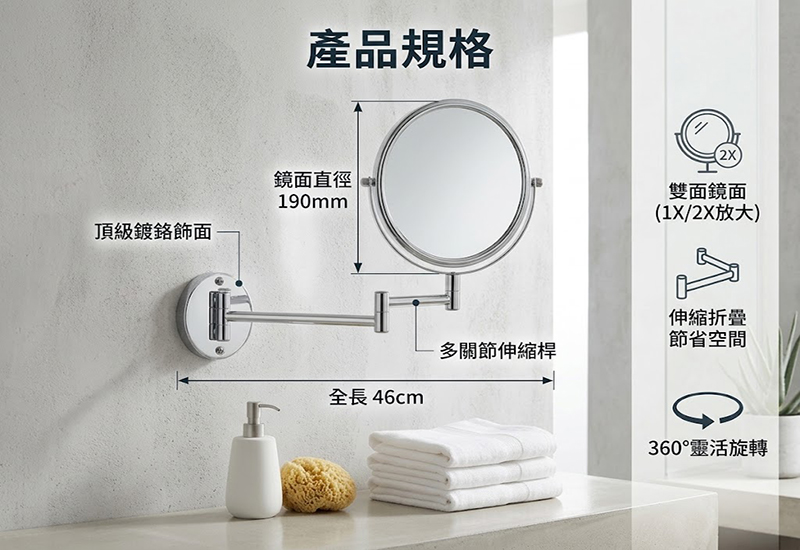 雙面伸縮化妝鏡規格尺寸圖
