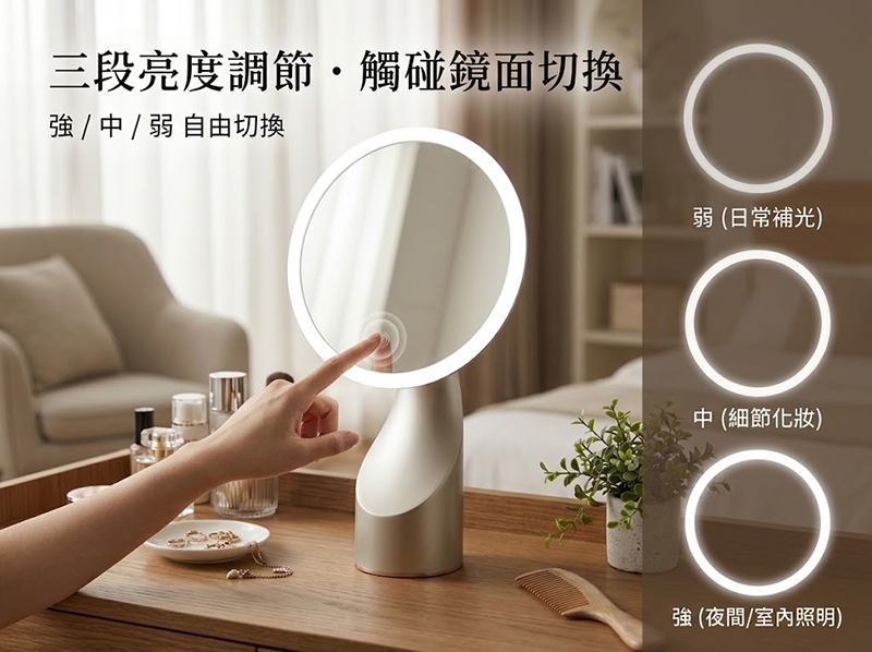 桌上美妝鏡三段白光與觸碰切換說明