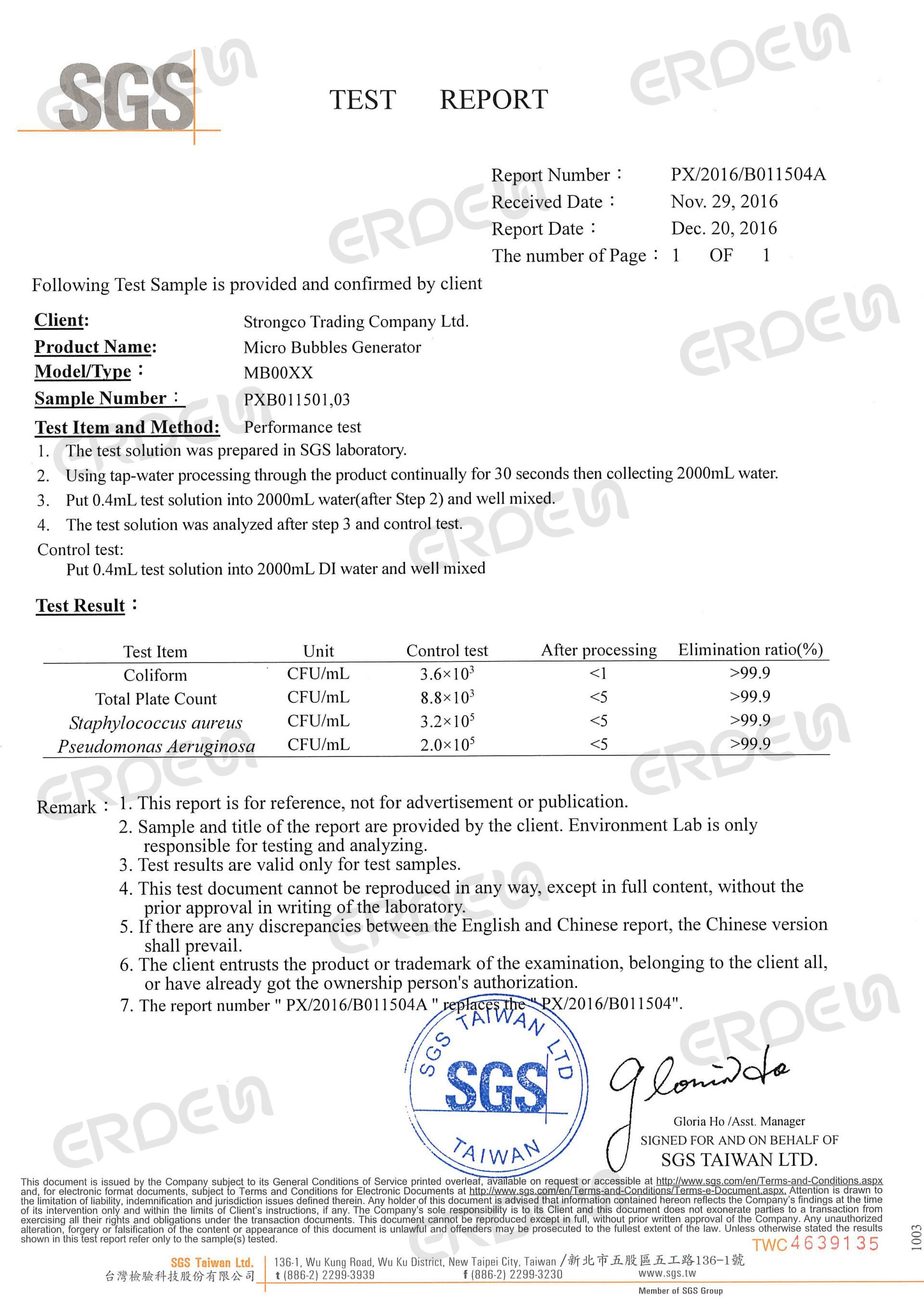 รายงานการทดสอบเครื่องกำเนิดน้ำฟองน้ำ MB0003SS-S01 จาก SGS