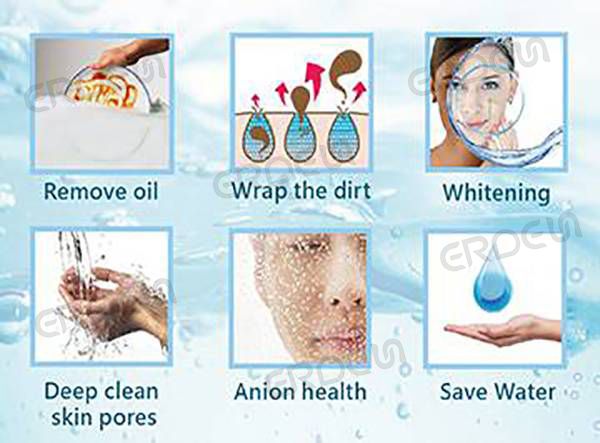 Características y especificaciones de Eco-Bubble: eliminar el aceite, envolver la suciedad, blanqueamiento, limpieza profunda de los poros de la piel, salud de iones negativos, ahorro de agua