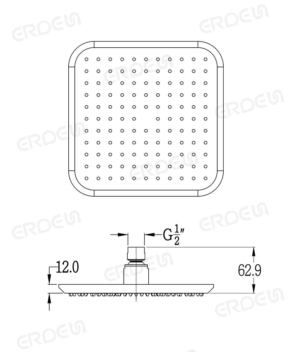 角のある四角形のシングル機能銅シャワーヘッドの寸法図