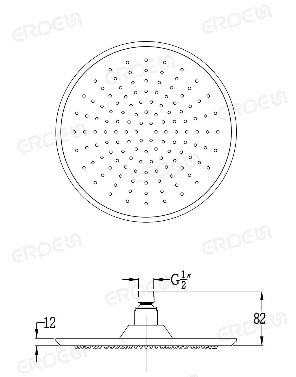 扁平型単機能の円形銅シャワーヘッドのサイズ図