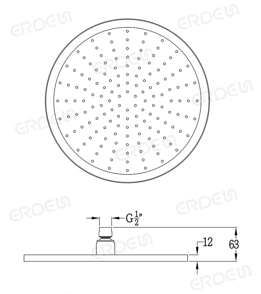 円盤型単機能の円形銅シャワーヘッドのサイズ図