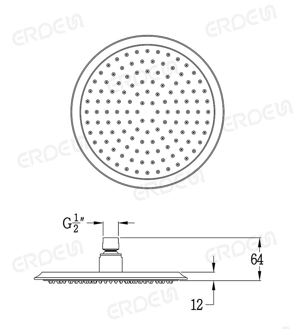 圓扁型單功能銅淋浴頂噴尺寸圖