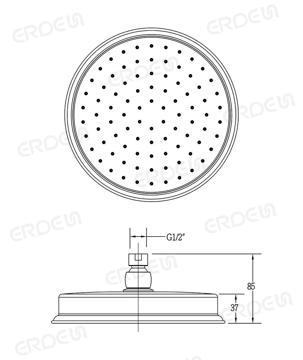 円蓋型シングル機能円形銅製シャワーヘッド寸法図