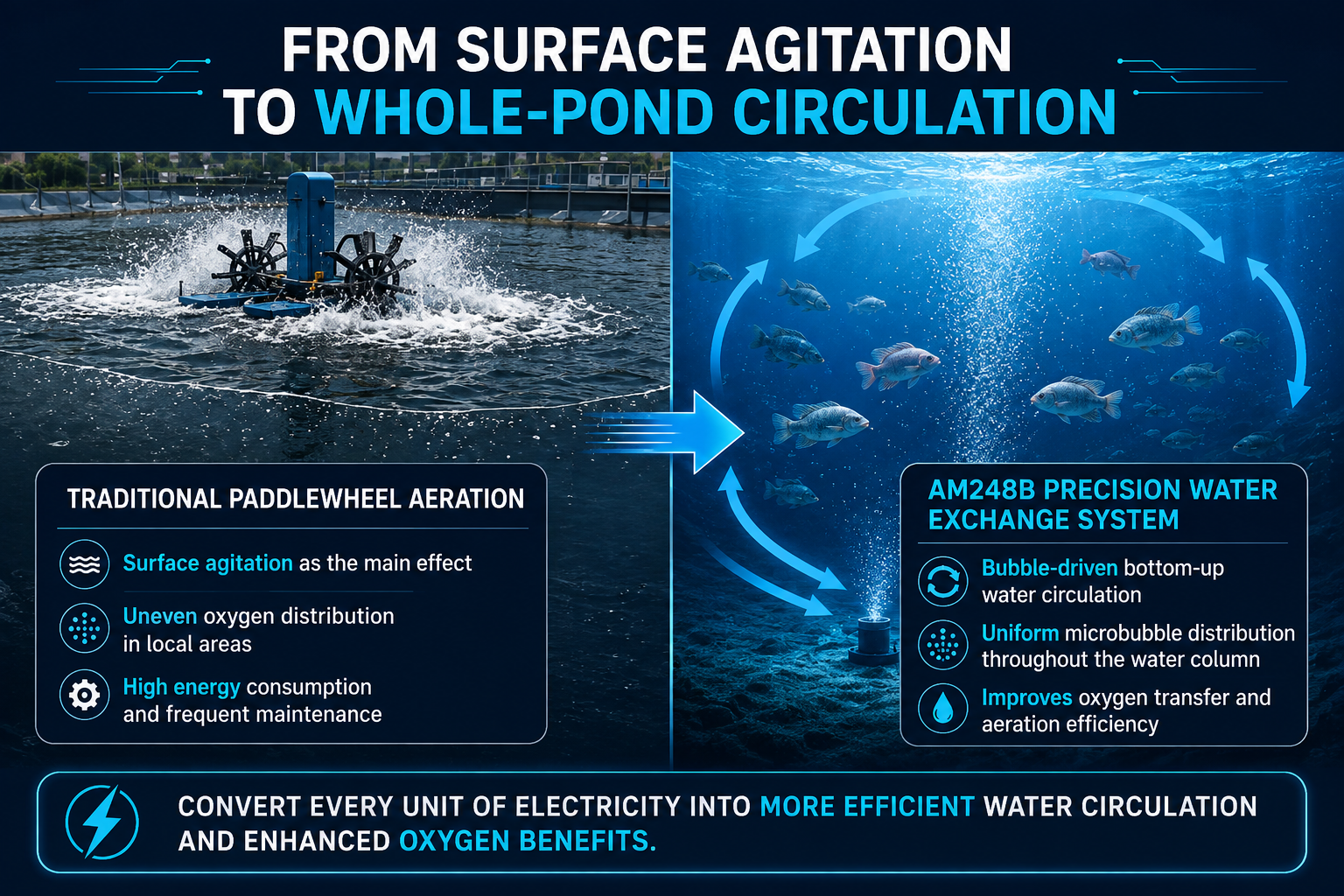 Comparison schematic between traditional surface aeration and AM248B bottom microbubble circulation