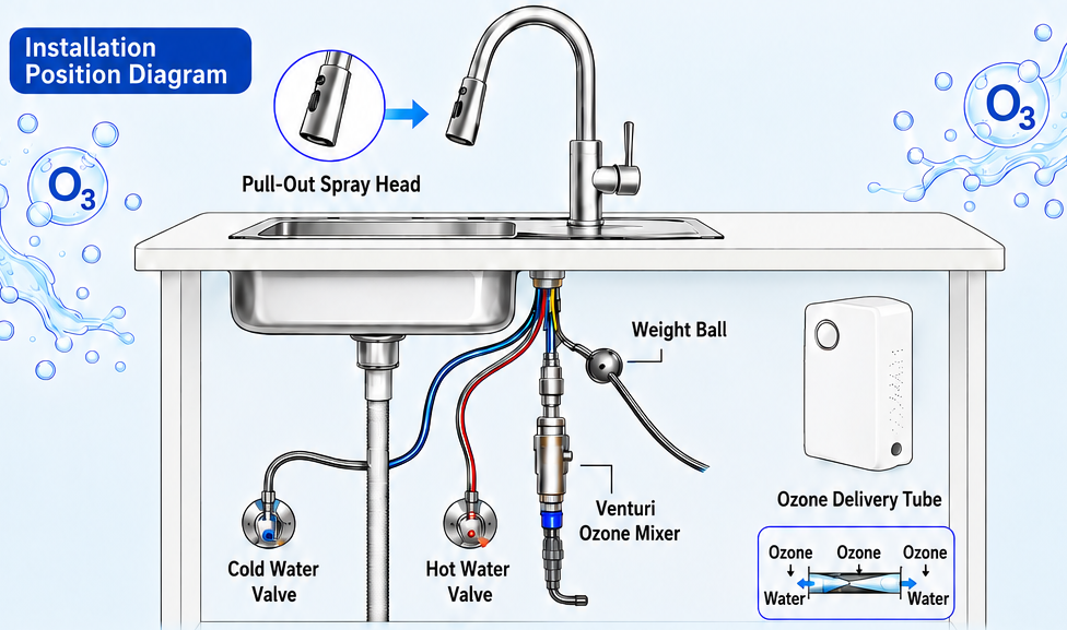 Pull-down kitchen faucet and ozone kit installation diagram