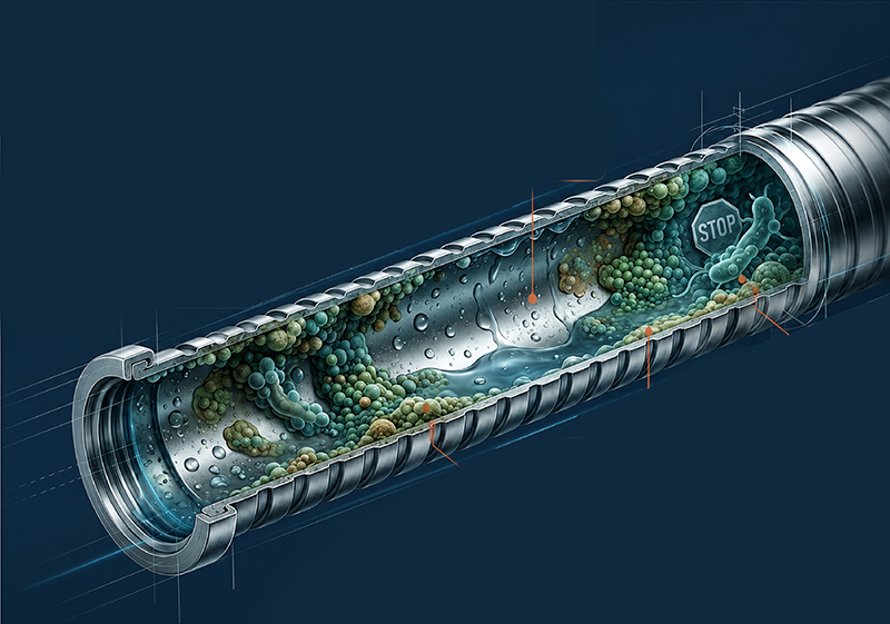 Schematic of water retention and damp environments inside shower hoses