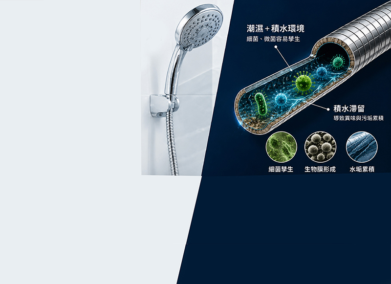 淋浴軟管積水與潮濕環境示意