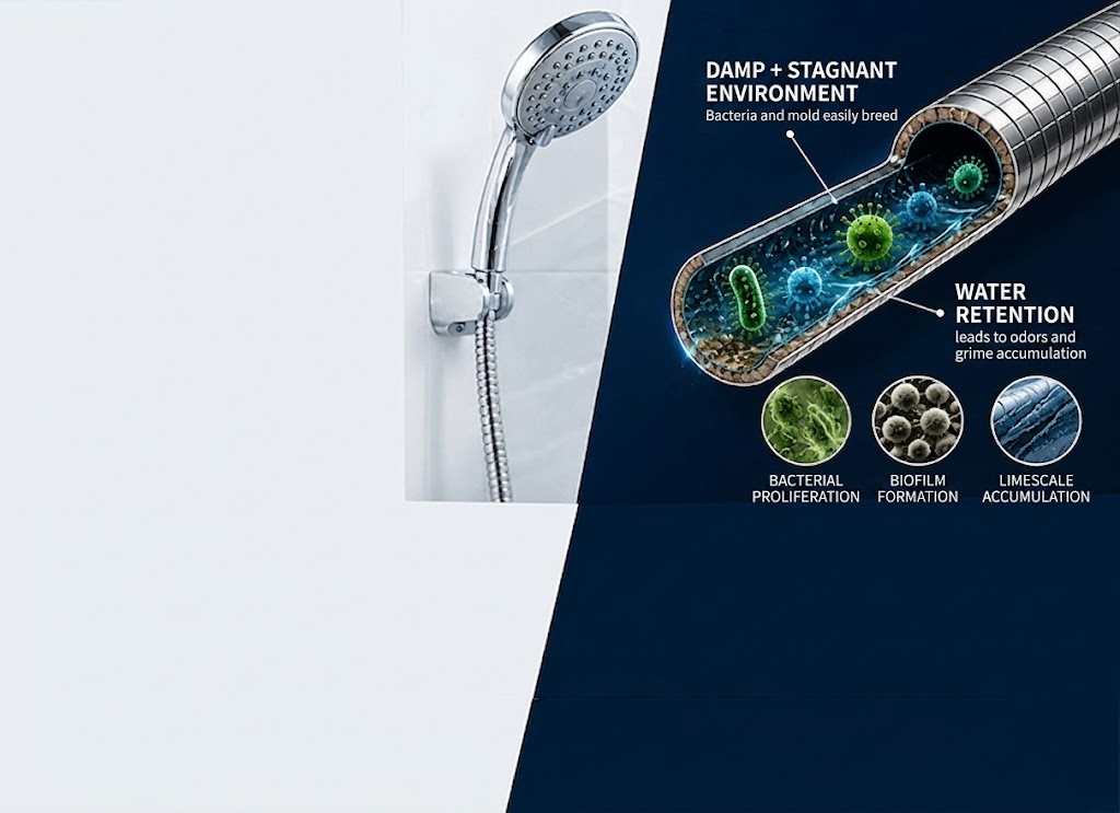 Schematic of standing water in shower hose and damp environments